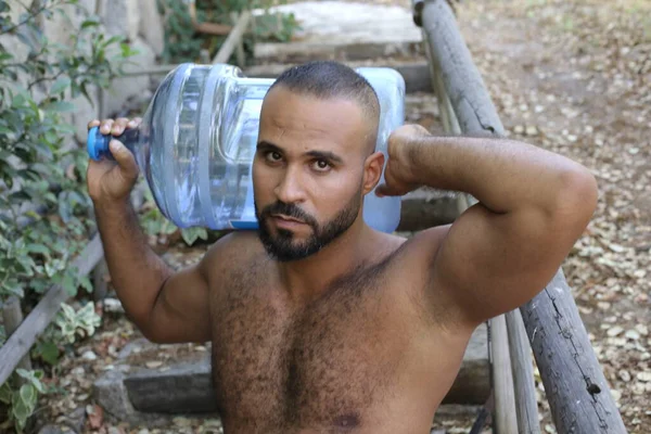 Close Portrait Handsome Shirtless Young Man Holding Water Bottle Outdoors — Stock Fotó