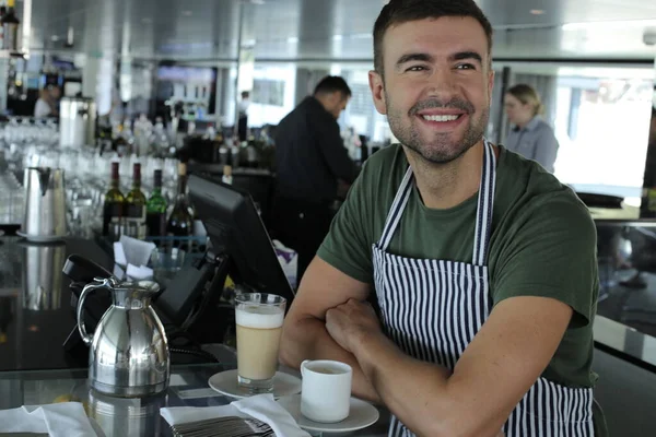 Close Portrait Handsome Young Man Working Bartender Restaurant — 스톡 사진