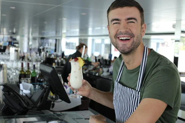 Close Portrait Handsome Young Man Working Bartender Restaurant — 스톡 사진