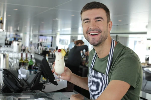 Close Portrait Handsome Young Man Working Bartender Restaurant — 스톡 사진