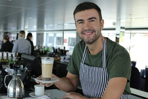 Close Portrait Handsome Young Man Working Bartender Restaurant — 스톡 사진