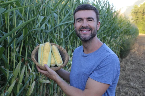 Close Portrait Handsome Young Man Corn Field — Stockfoto