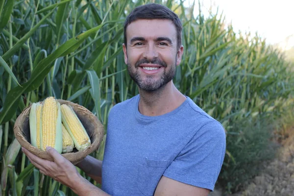 Close Portrait Handsome Young Man Corn Field — 스톡 사진