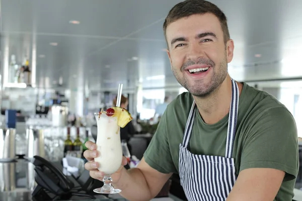 Close Portrait Handsome Young Man Working Bartender Restaurant — 스톡 사진