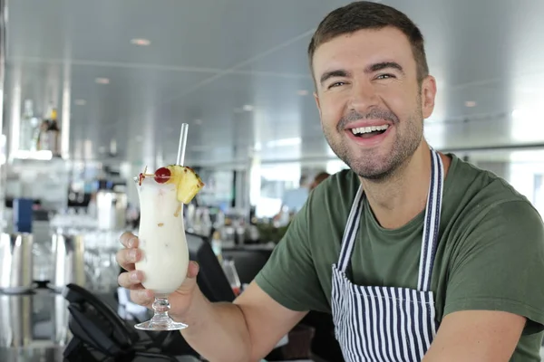 Close Portrait Handsome Young Man Working Bartender Restaurant — 스톡 사진