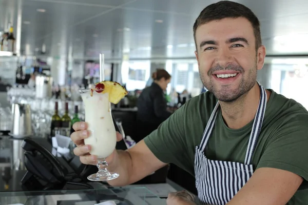 Close Portrait Handsome Young Man Working Bartender Restaurant — 스톡 사진