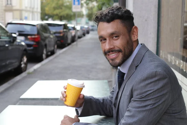 Close Portrait Handsome Young Man Grey Suit Holding Paper Cup — Stock Fotó