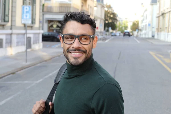 Close Portrait Handsome Young Man Turtleneck Sweater City Street — ストック写真