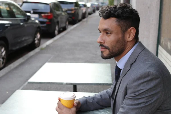 Close Portrait Handsome Young Man Grey Suit Holding Paper Cup — Fotografia de Stock