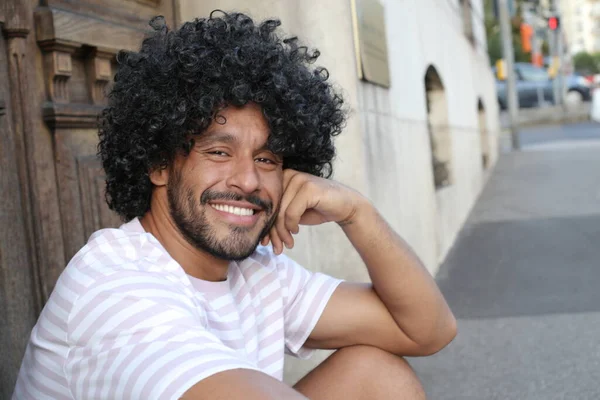 Close Portrait Handsome Young Curly Man Sitting City Street — Stockfoto