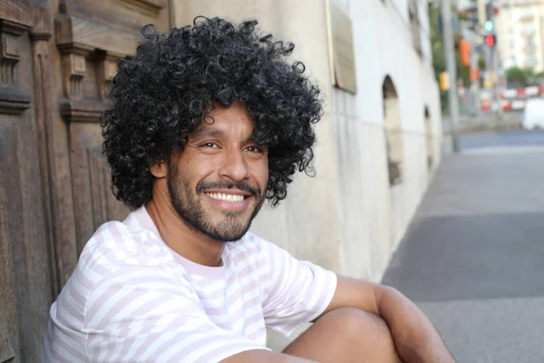 Close Portrait Handsome Young Curly Man Sitting City Street — Stockfoto