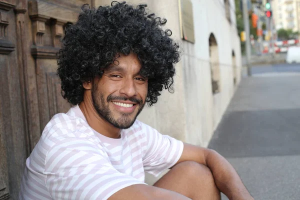 Close Portrait Handsome Young Curly Man Sitting City Street — 스톡 사진