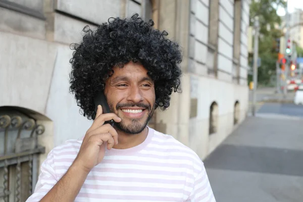 Close Portrait Handsome Young Curly Man Talking Phone City Street — 图库照片