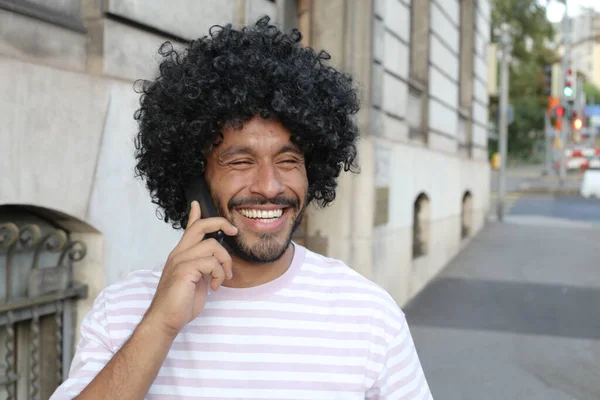 Close Portrait Handsome Young Curly Man Talking Phone City Street — Fotografia de Stock