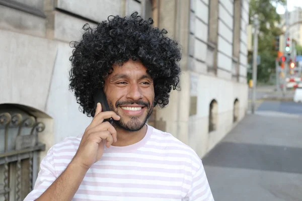 Close Portrait Handsome Young Curly Man Talking Phone City Street — Fotografia de Stock
