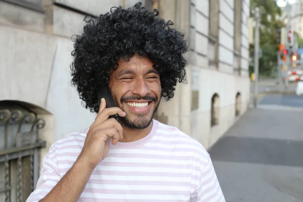 Close Portrait Handsome Young Curly Man Talking Phone City Street — Fotografia de Stock
