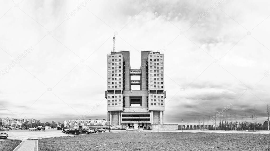 House of Soviets in Kaliningrad, an abandoned building in the architectural style of Soviet modernism