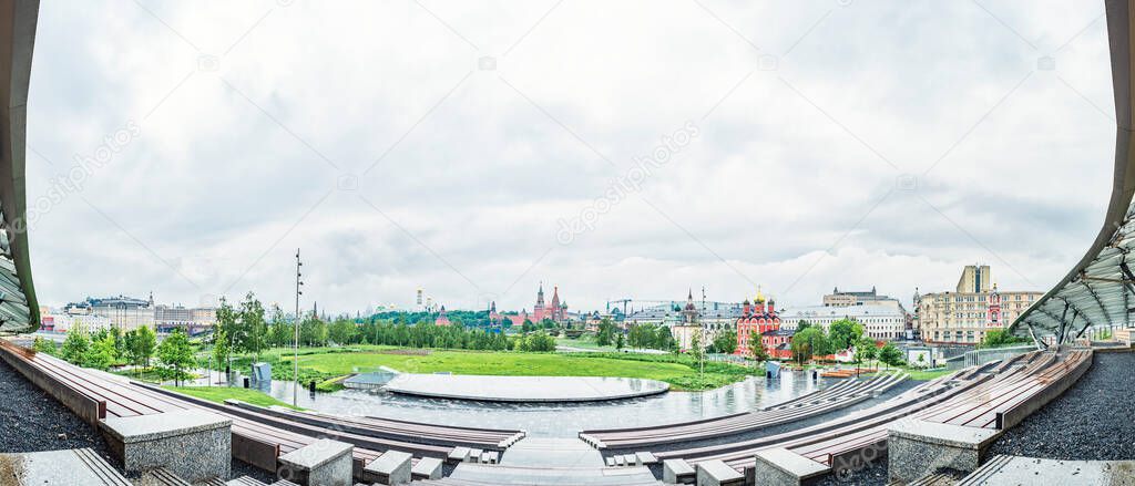 Panoramic view from the Large Amphitheater of Zaryadye Park in Moscow, Russia, view of downtown Moscow, Kremlin