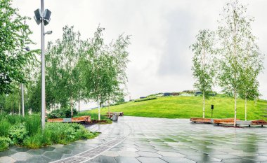 Zaryadye Parkı 'ndaki yürüyüş alanı, Moskova, Rusya yağmurdan sonra, doğal orman manzarası