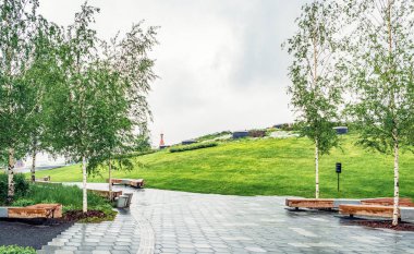 Zaryadye Parkı 'ndaki yürüyüş alanı, Moskova, Rusya yağmurdan sonra, doğal orman manzarası