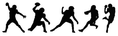 Beş vektör futbol oyuncusu silueti, Amerikan futbolcuları, bir grup futbolcu. Mürekkep çizimi çizimleri. İzole vektör siluetleri 