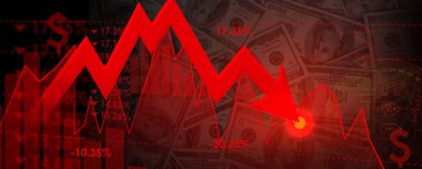 Red Going Down ve dolar arkaplanındaki bitcoin tablosu. Kırmızı ok üzerinde Bitcoin ve aşırı fiyat düşüşlü çizelgeler. Kripto para birimleri pazarı 