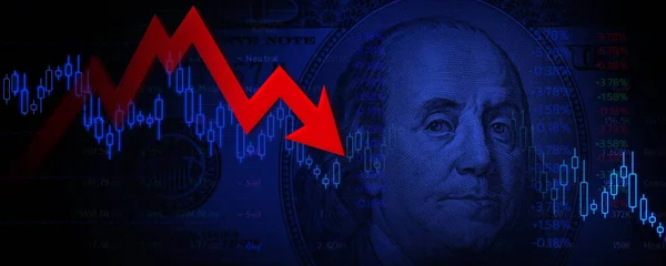 Red Arrow Stock grafiklerden ve Amerikan dolarından alıntı yapıyor. Amerika Birleşik Devletleri için ekonomist tahminleri. Parlayan kırmızı ok Benjamin Franklin 'in dolar banknotundaki portresine doğru iniyor.. 