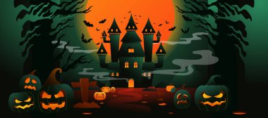 halloween black and green illustration with orange full moon,Pumpkins In Forest At Night Halloween