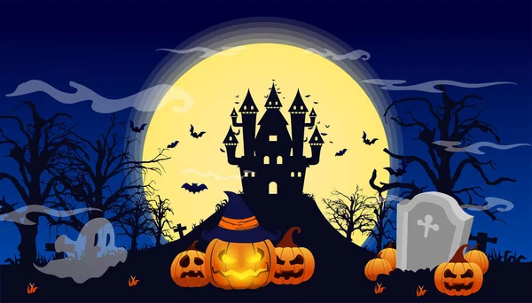 Halloween pumpkins and dark castle silhouette on blue Moon ,Halloween background with pumpkin lighting 