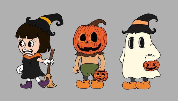 Enfants Dessinés Main Trois Vecteur Dessin Animé Halloween Illustrateur Vitage — Image vectorielle
