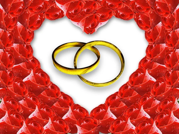 Anéis de casamento no coração das rosas — Fotografia de Stock