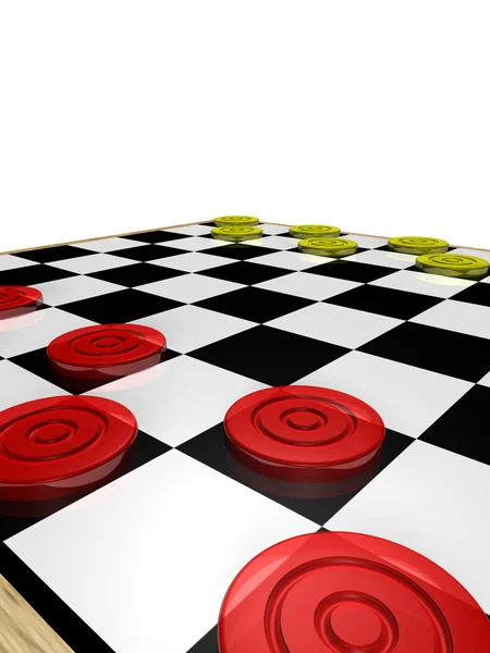 Checker board med pjäser — Stockfoto
