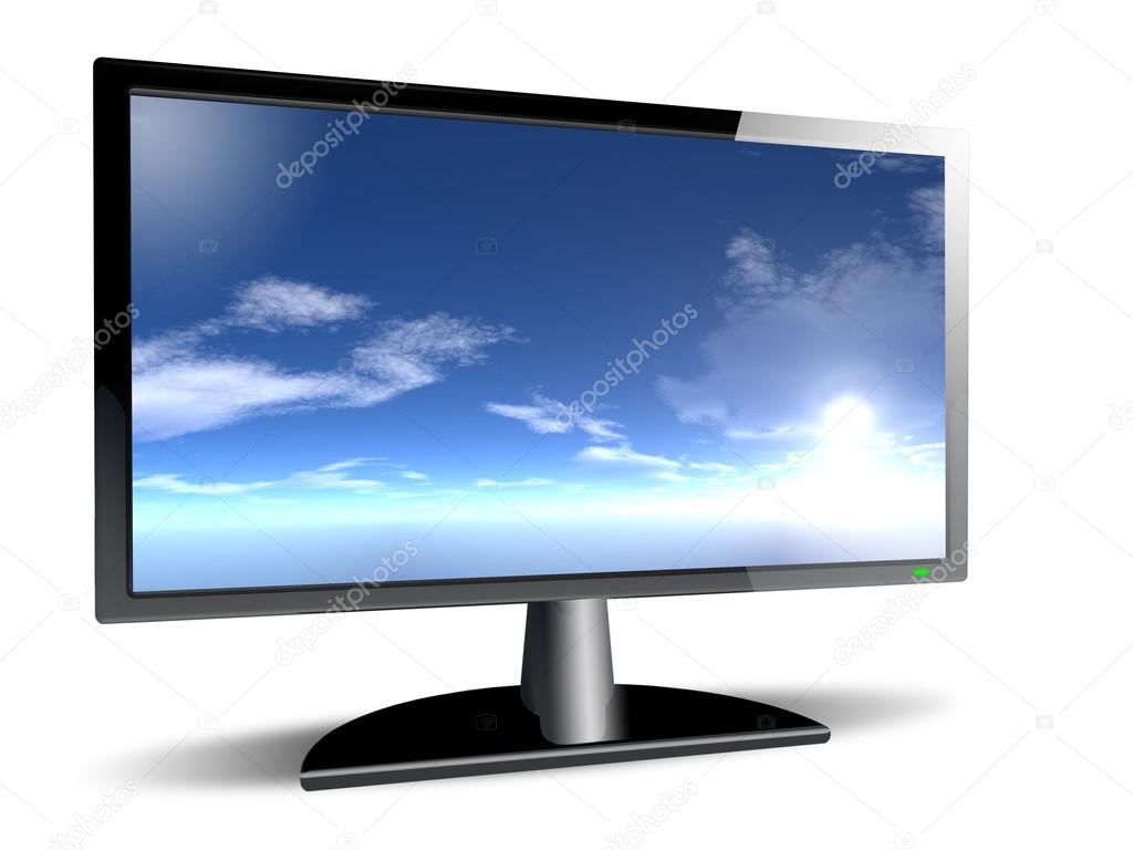 Black stylish glossy widescreen TFT display with blue sky and clouds