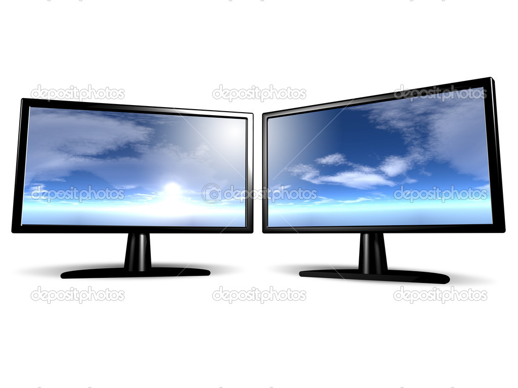 Black stylish glossy widescreen TFT display with blue sky and clouds
