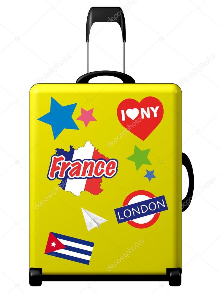Yellow suitcase with funky stickers