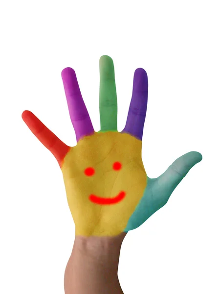 Mano colorata con sorriso dipinto in vernici colorate come logo — Foto Stock