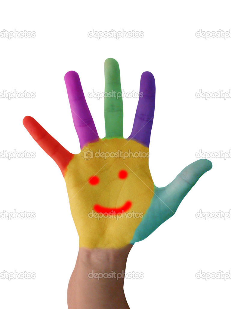 Colored hand with smile painted in colorful paints as logo
