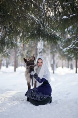 Bir kız kışın ormanda geyikle yürür. Peri masalı. Ren geyiği. Şahane bir fotoğraf çekimi.