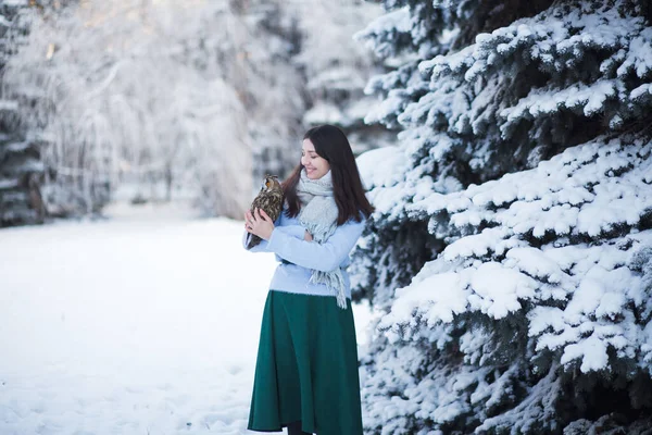 Красивая Девушка Гуляет Зимнему Лесу Совой Художественная Фотосессия Сов Зимний — стоковое фото