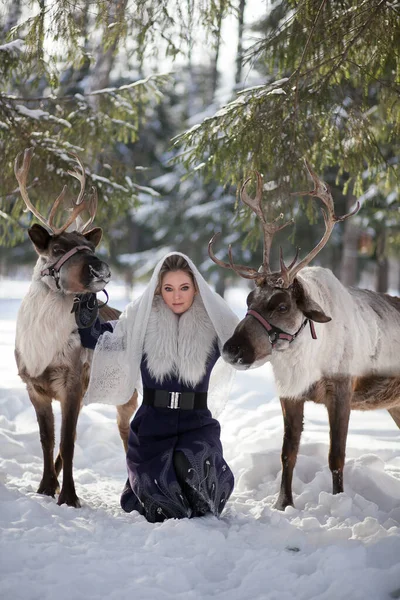Uma Menina Caminha Inverno Com Veados Floresta Conto Fadas Renas — Fotografia de Stock