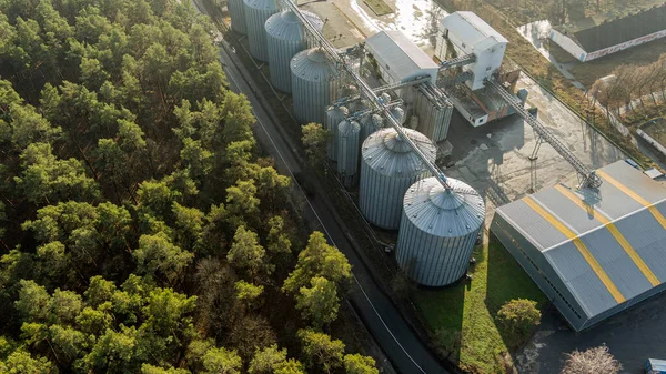 Silos Plata Planta Fabricación Agrícola Para Procesamiento Secado Limpieza Almacenamiento —  Fotos de Stock