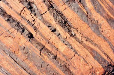 Demir ve bileşiklerini içeren doğal mineral oluşumları, bu oluşumlardan endüstriyel demir çıkarılması uygun olduğunda, böyle bir hacimde gerçekleşir. Taş ocağının taş dokusu. Ağır Sanayi için Madencilik - Demir cevheri içeren kaya dokusu ve