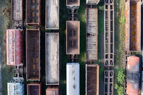 Freight Trains Wagons Various Kinds Aerial View Flying Drone Colorful — Stock Photo, Image