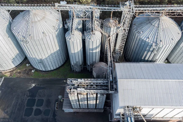 Silos Plata Planta Fabricación Agrícola Para Procesamiento Secado Limpieza Almacenamiento —  Fotos de Stock