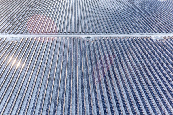 Grande Número Painéis Solares Fotovoltaicos Instalados Uma Fileira Campo Para — Fotografia de Stock
