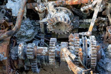 Russian destroyed military equipment in the war with Ukraine. Broken tanks, combat vehicles and other burnt military equipment of the Russian invaders in the Kyiv region, Ukraine