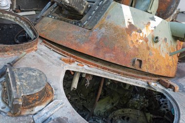 Russian destroyed military equipment in the war with Ukraine. Broken tanks, combat vehicles and other burnt military equipment of the Russian invaders in the Kyiv region, Ukraine