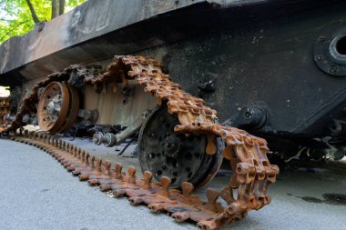 Russian destroyed military equipment in the war with Ukraine. Broken tanks, combat vehicles and other burnt military equipment of the Russian invaders in the Kyiv region, Ukraine