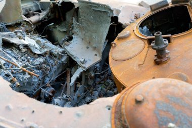 Russian destroyed military equipment in the war with Ukraine. Broken tanks, combat vehicles and other burnt military equipment of the Russian invaders in the Kyiv region, Ukraine