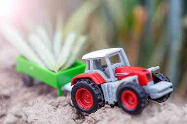 Hasat, traktör ve para ile tarım kavramı hasat, para ve verimliliği sembolize ediyor. Buğdaylı yatakların arka planında tahıl karavanı olan kırmızı traktör